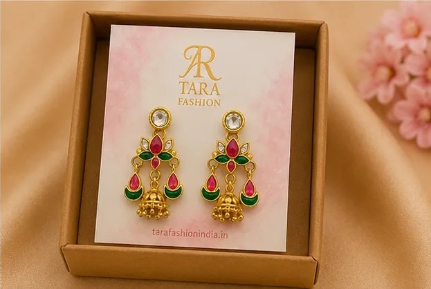 Tara Fashion Traditional Meenakari Lotus Jhumka Earrings view 7