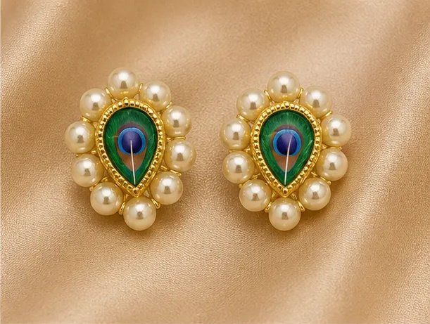 Tara Fashion Elegant Peacock Motif Pearl Stud Earrings