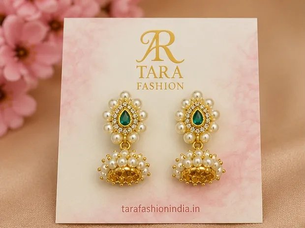 Tara Fashion Gold-Plated Green Meenakari Pearl Drop Jhumka Earrings view 2