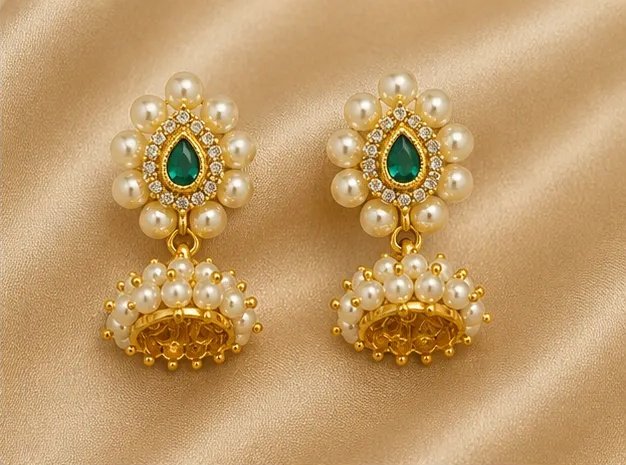 Tara Fashion Gold-Plated Green Meenakari Pearl Drop Jhumka Earrings