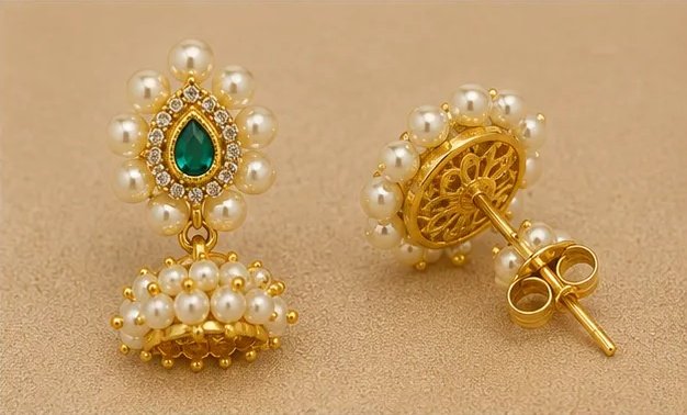 Tara Fashion Gold-Plated Green Meenakari Pearl Drop Jhumka Earrings view 5