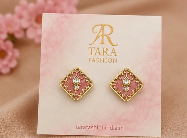 Tara Fashion Gold-Plated Square Pink Meenakari Kundan Stud Earrings view 2
