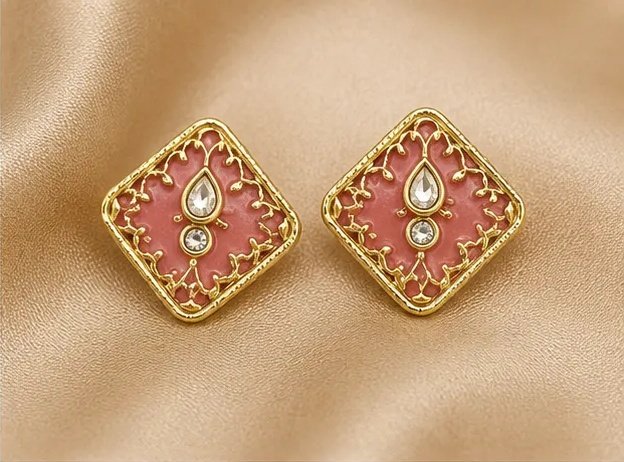 Tara Fashion Gold-Plated Square Pink Meenakari Kundan Stud Earrings