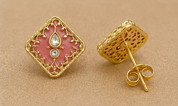 Tara Fashion Gold-Plated Square Pink Meenakari Kundan Stud Earrings view 5