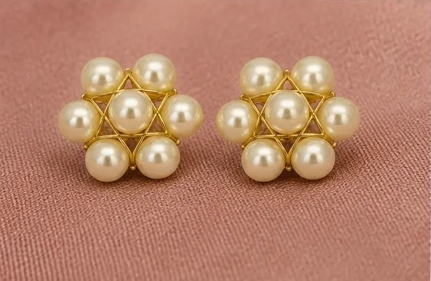 Tara Fashion Golden Wire Mesh Pearl Flower Stud Earrings view 6