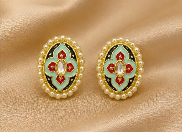 Multicolor Meenakari Oval Stud Earrings with Central Kundan