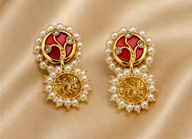 Traditional Red Meenakari and Gold Textured Double-Drop Earrings