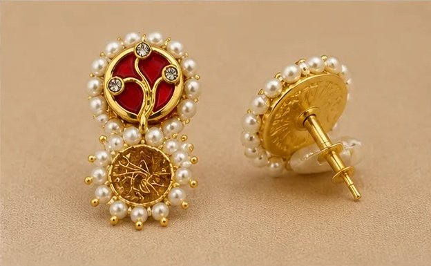 Traditional Red Meenakari and Gold Textured Double-Drop Earrings view 5