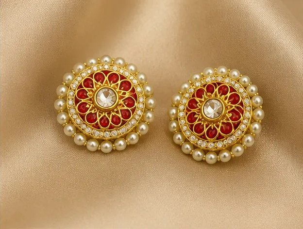 Elegant Gold-Plated Red Kemp and Pearl Stud Earrings