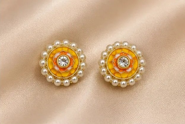 Elegant Gold-Plated Meenakari Floral Stud Earrings with Pearl Border
