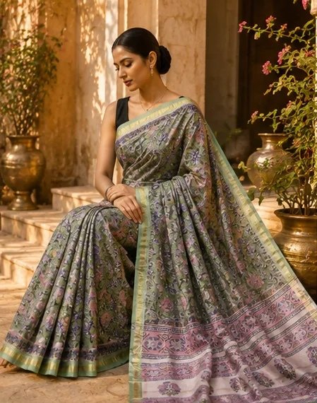 Olive Green and Mauve Pink Maheswari Silk Saree