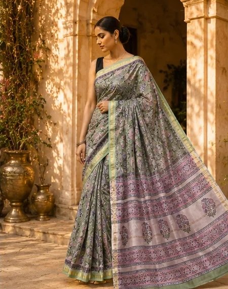 Olive Green and Mauve Pink Maheswari Silk Saree view 4
