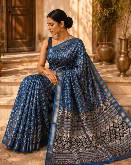 Regal Indigo Blue Maheswari Silk Saree with Traditional Block Prints