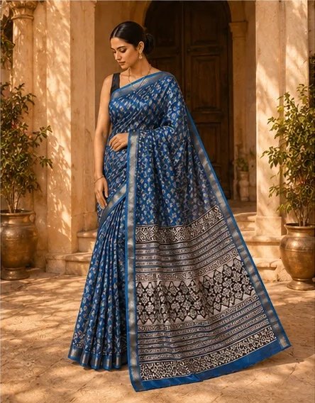 Regal Indigo Blue Maheswari Silk Saree with Traditional Block Prints view 6