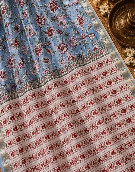 Serene Pastel Blue Maheswari Silk Saree with Floral Kalamkari Print view 3