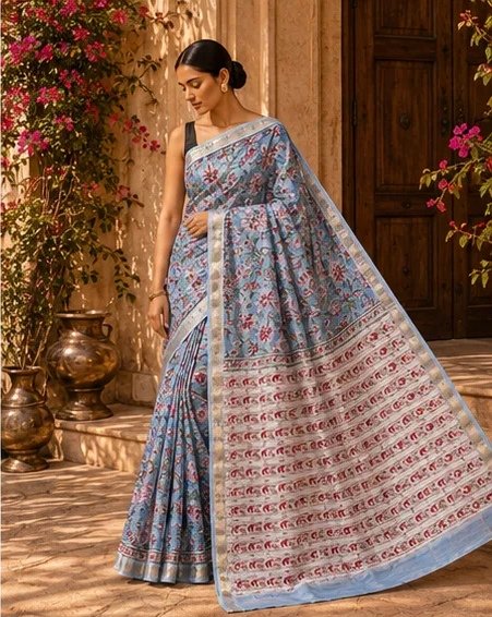 Serene Pastel Blue Maheswari Silk Saree with Floral Kalamkari Print view 4