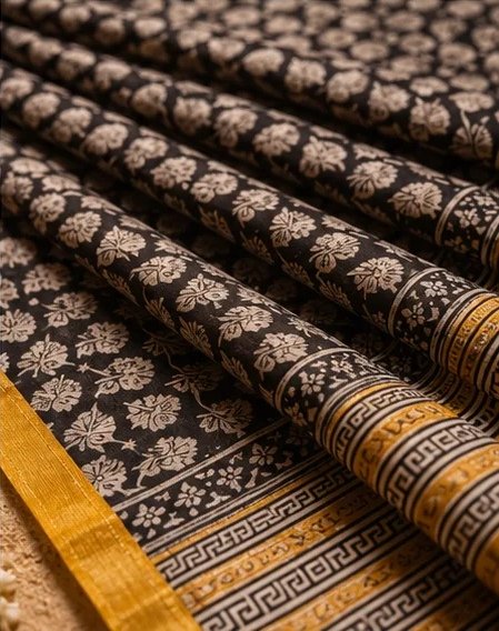 Classic Black and Mustard Maheswari Silk Saree with Block Prints view 7
