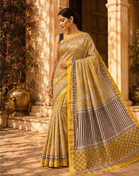 Vibrant Yellow and Cream Maheswari Silk Saree with Geometric Pallu view 4