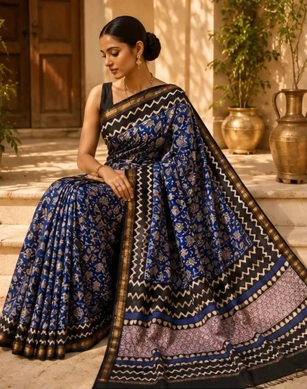 Regal Indigo Blue Maheswari Silk Saree with Traditional Block Prints