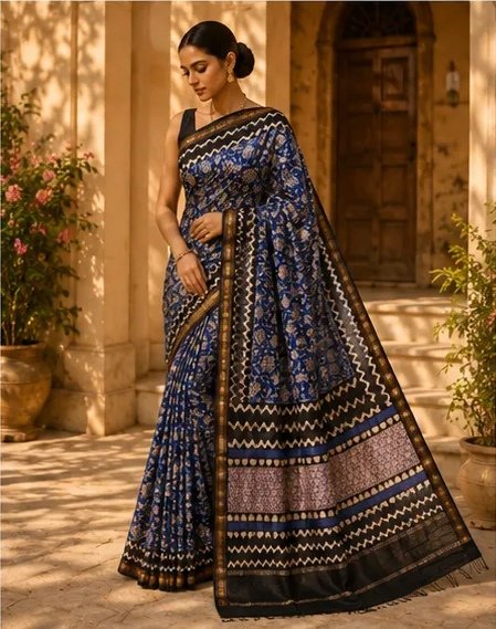 Regal Indigo Blue Maheswari Silk Saree with Traditional Block Prints view 6