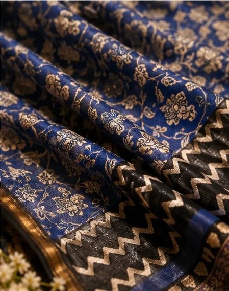 Regal Indigo Blue Maheswari Silk Saree with Traditional Block Prints view 7