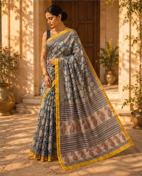 Elegant Indigo Blue and Cream Maheswari Silk Saree with Paisley Pallu view 6