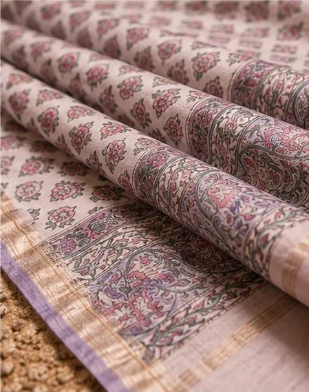 Elegant Off-White Maheswari Silk Saree with Mauve Floral Block Prints view 7