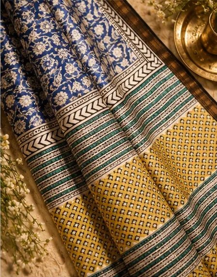 Elegant Blue and Yellow Maheswari Silk Saree view 3