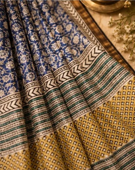 Elegant Blue and Yellow Maheswari Silk Saree view 5