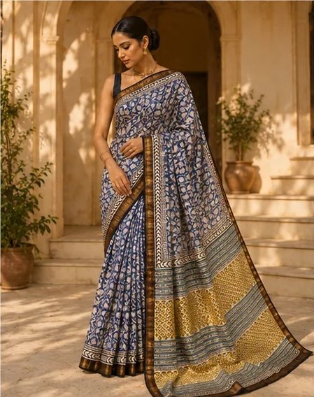 Elegant Blue and Yellow Maheswari Silk Saree view 6