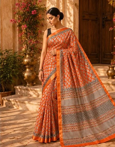Vibrant Orange Maheswari Silk Saree with Geometric Block Prints view 4