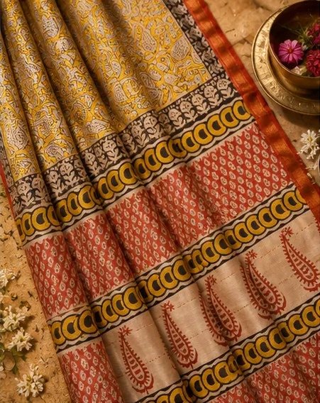 Stunning Yellow and Rust Maheswari Silk Saree with Paisley Pallu view 3