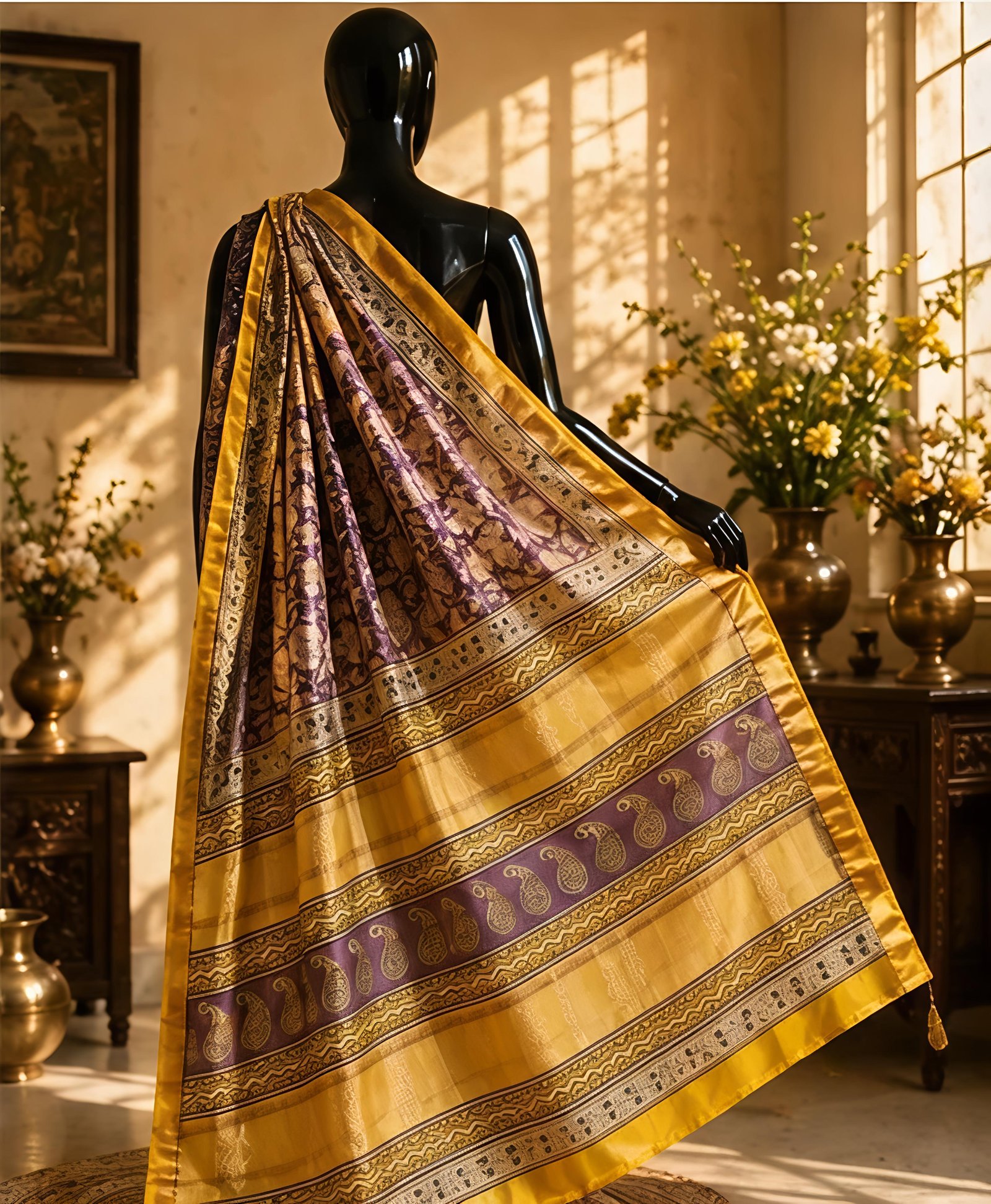 Elegant Purple and Yellow Maheswari Silk Saree view 3