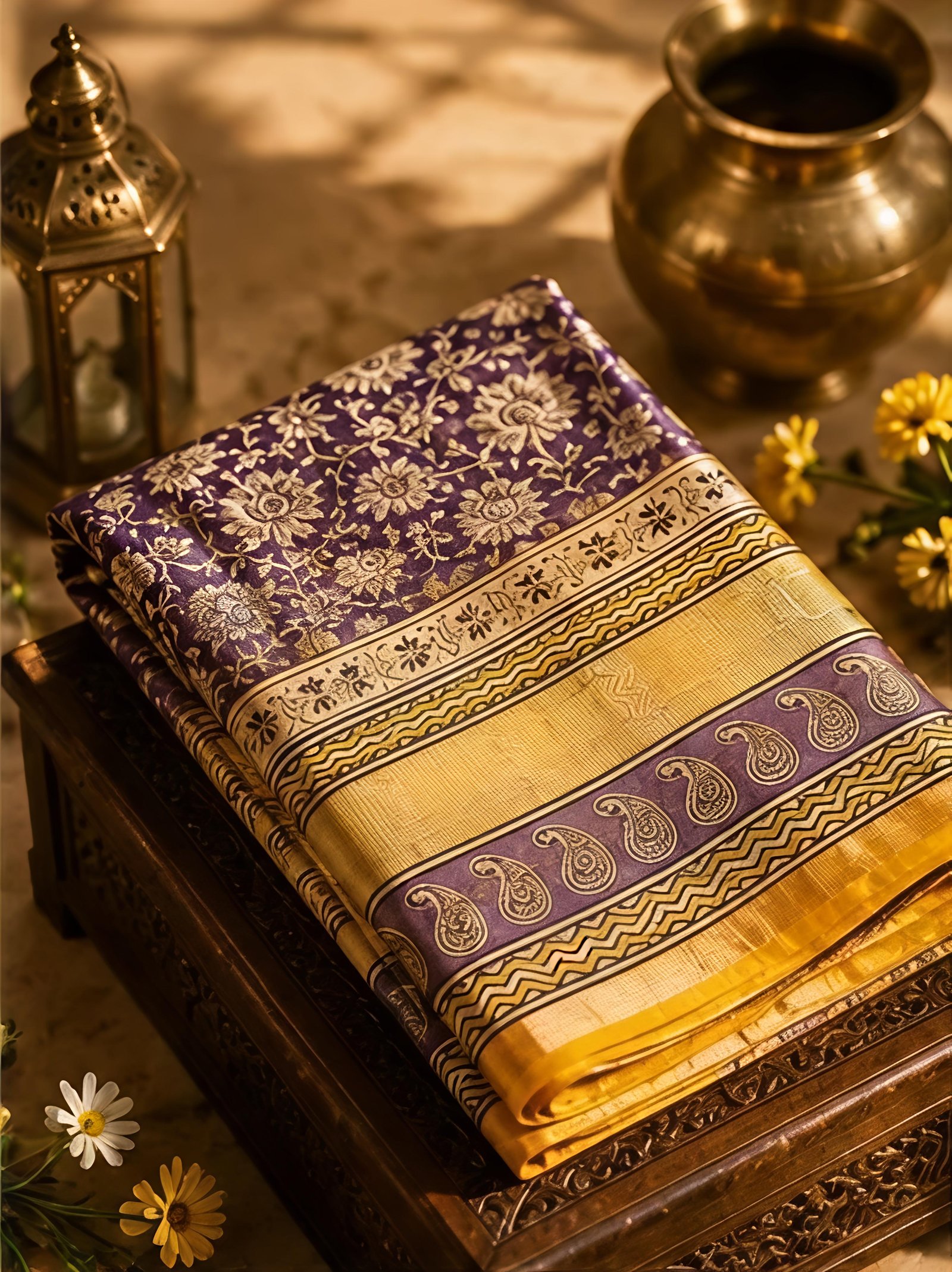 Elegant Purple and Yellow Maheswari Silk Saree view 4