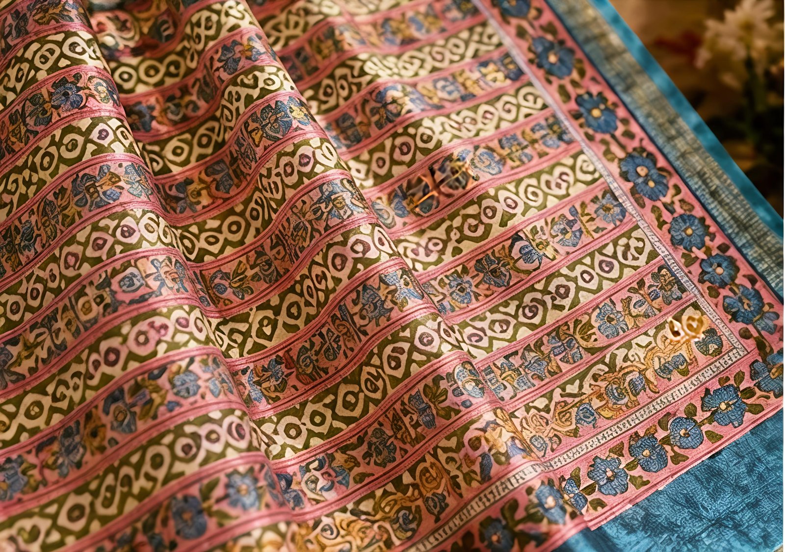 Turquoise Blue and Multi-Color Floral Maheswari Silk Saree view 4