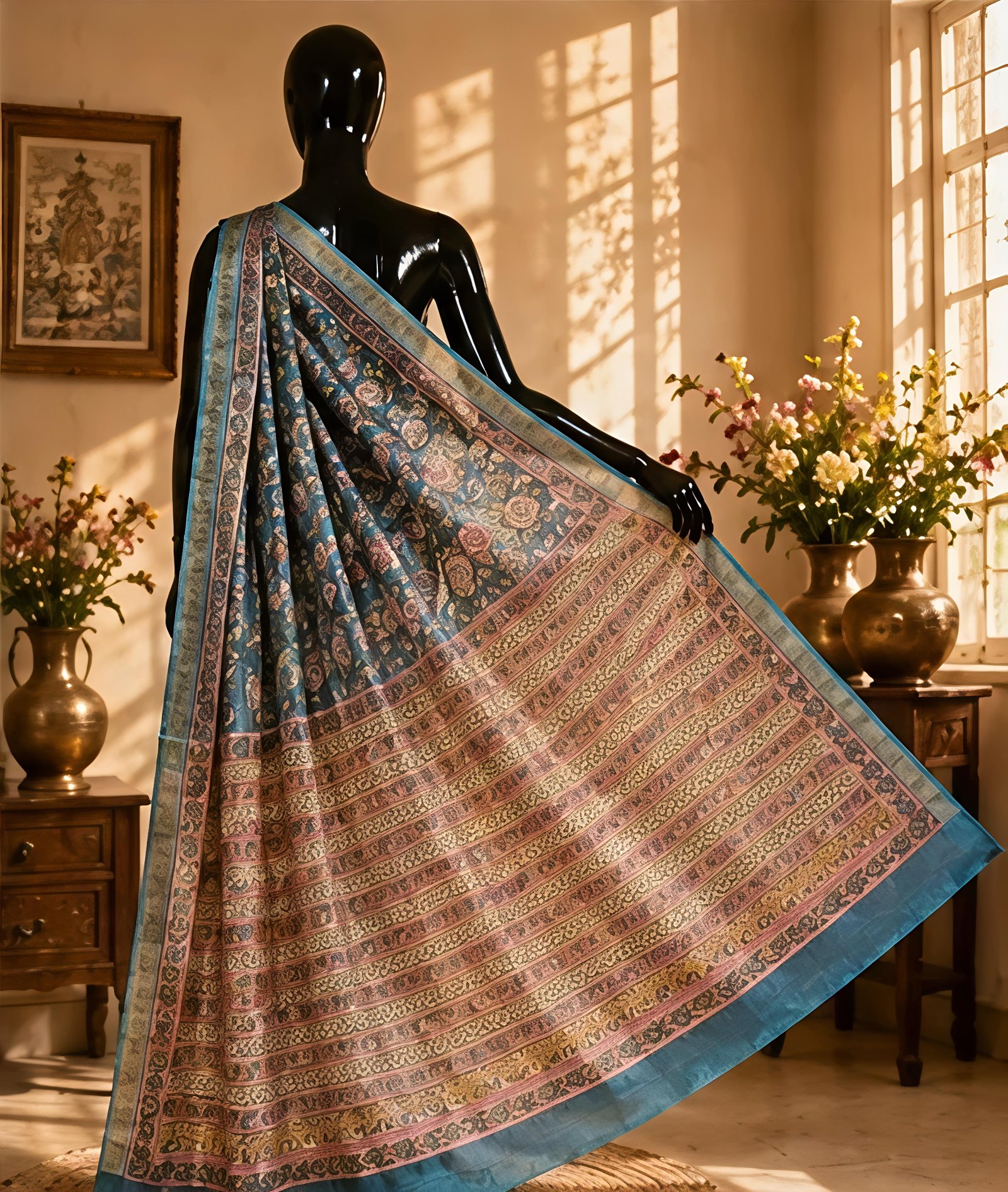 Turquoise Blue and Multi-Color Floral Maheswari Silk Saree view 5