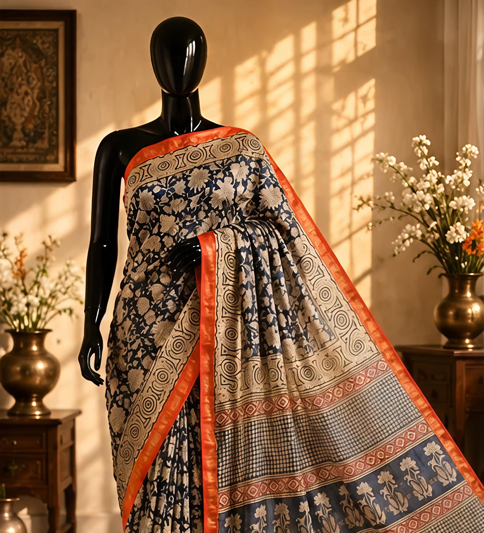 Indigo Blue and Beige Maheswari Silk Saree with Rust-Orange Border