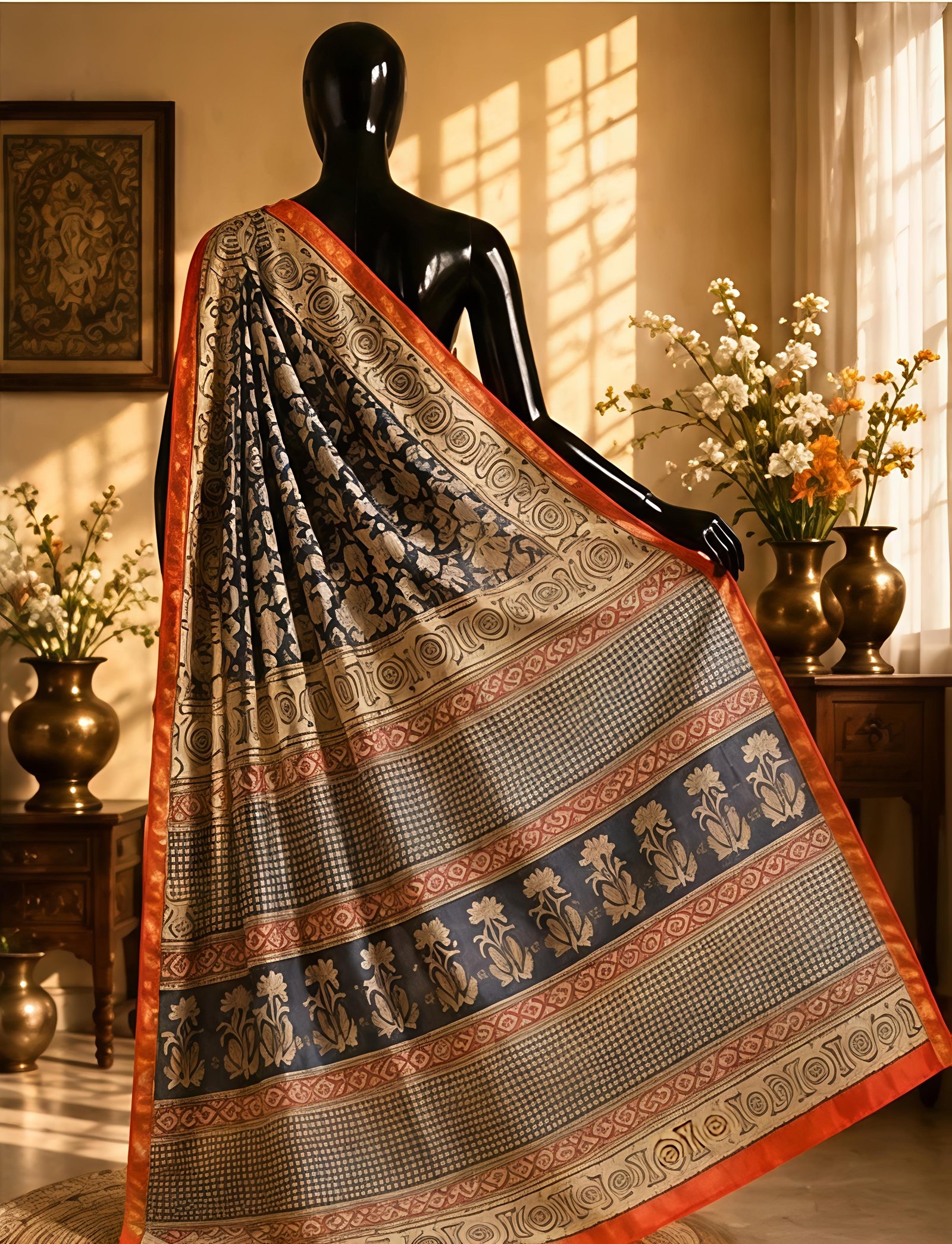 Indigo Blue and Beige Maheswari Silk Saree with Rust-Orange Border view 6