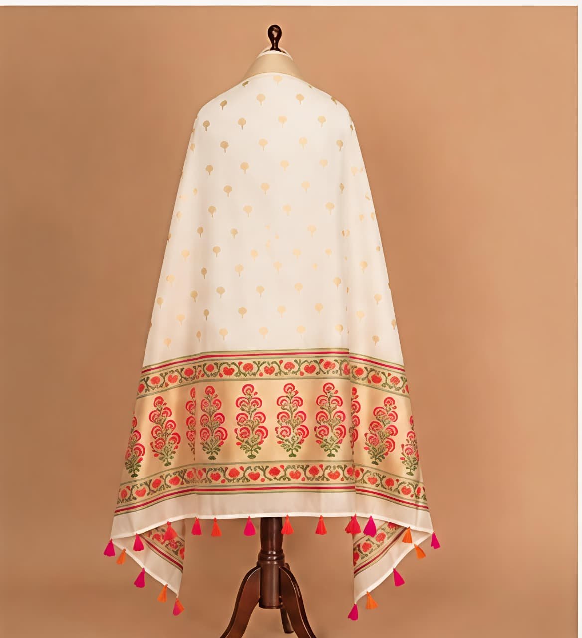 Elegant Cream & Pink Floral Woven Chanderi Silk Unstitched Suit Set view 2