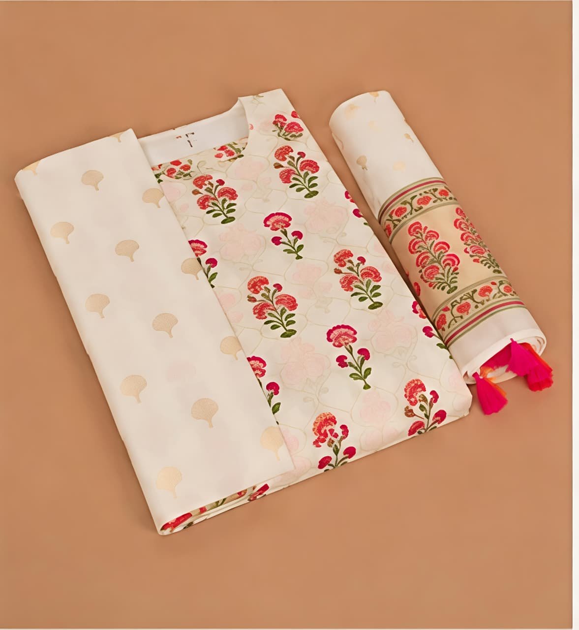 Elegant Cream & Pink Floral Woven Chanderi Silk Unstitched Suit Set view 3