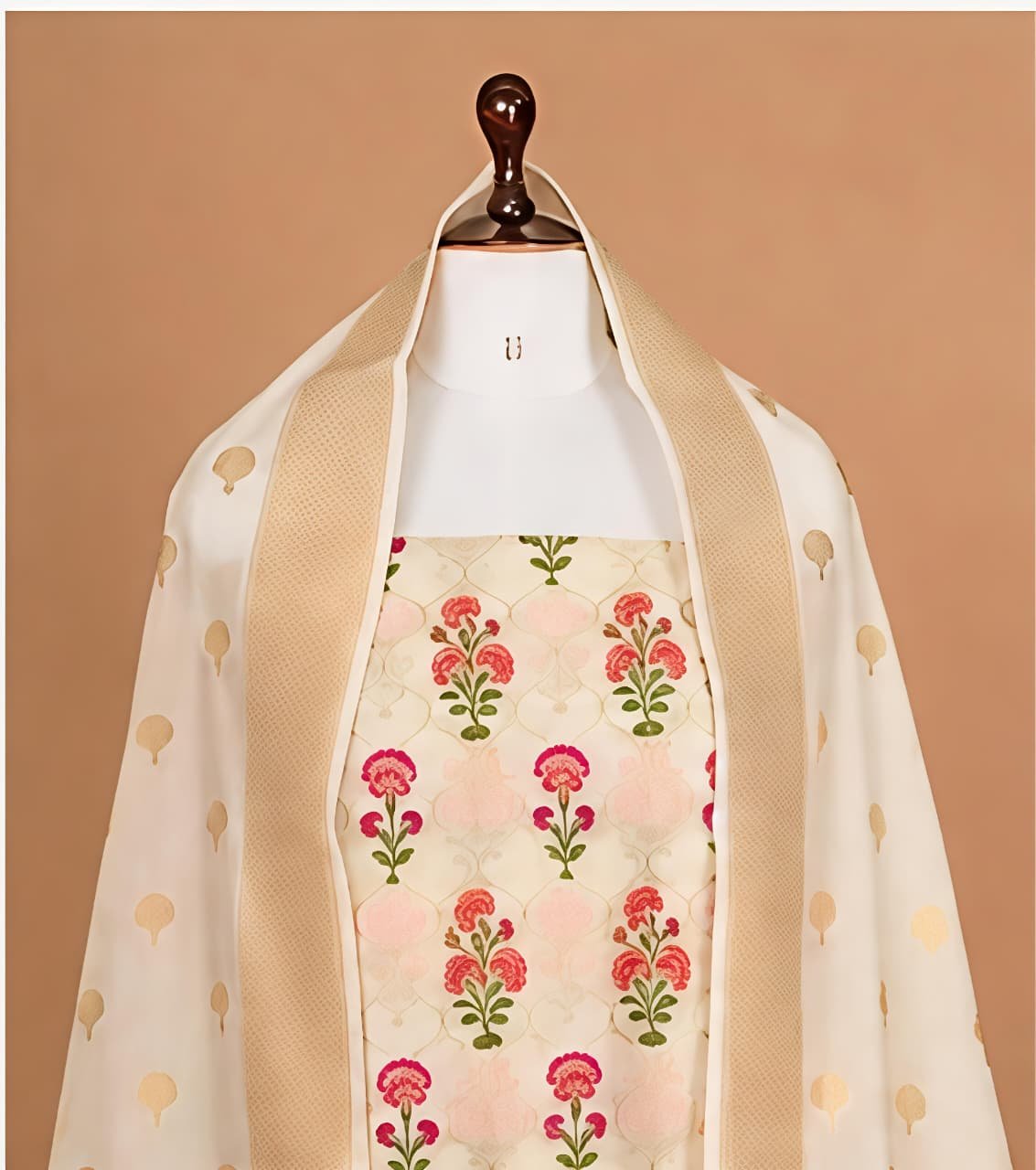 Elegant Cream & Pink Floral Woven Chanderi Silk Unstitched Suit Set view 4