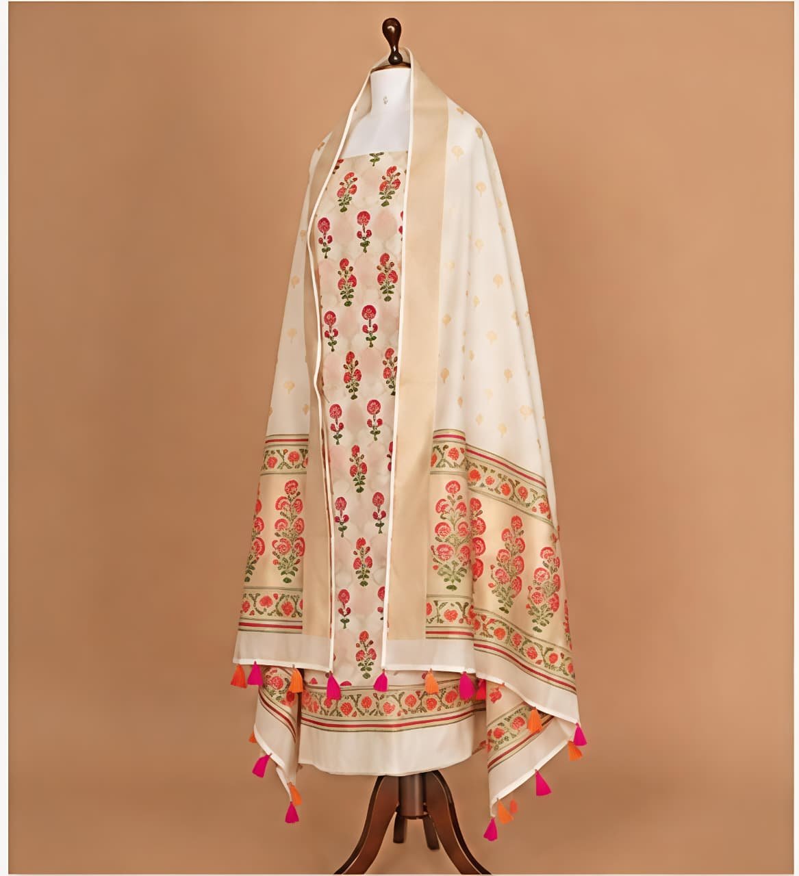 Elegant Cream & Pink Floral Woven Chanderi Silk Unstitched Suit Set view 6