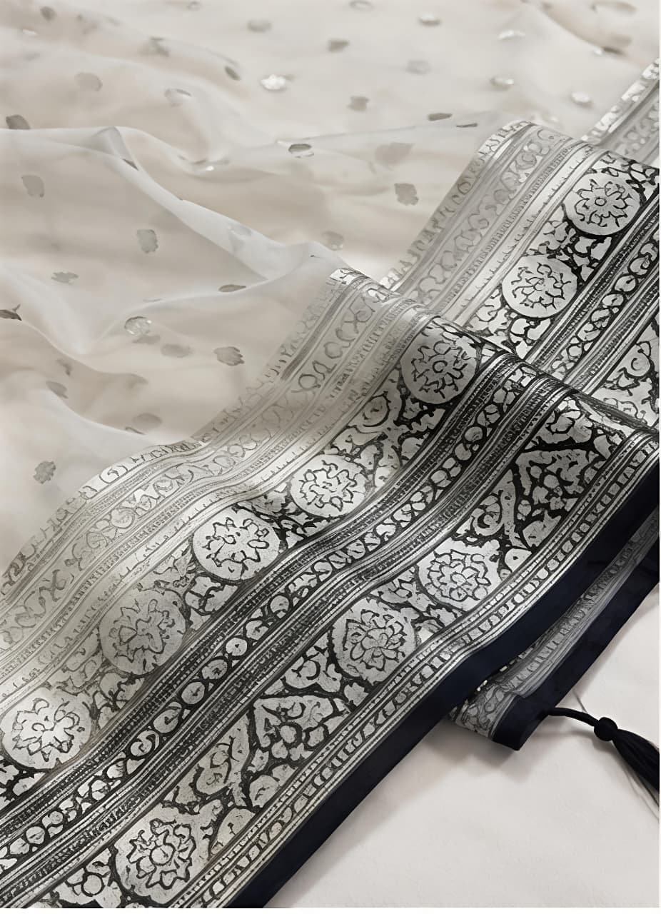 Premium Off-White Self-Design Cotton Suit Set with Navy Blue Banarasi Border Dupatta | Unstitched Dress Material view 2