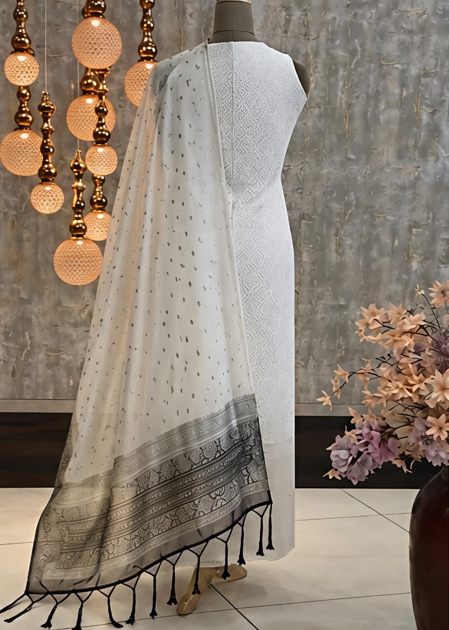 Premium Off-White Self-Design Cotton Suit Set with Navy Blue Banarasi Border Dupatta | Unstitched Dress Material view 4