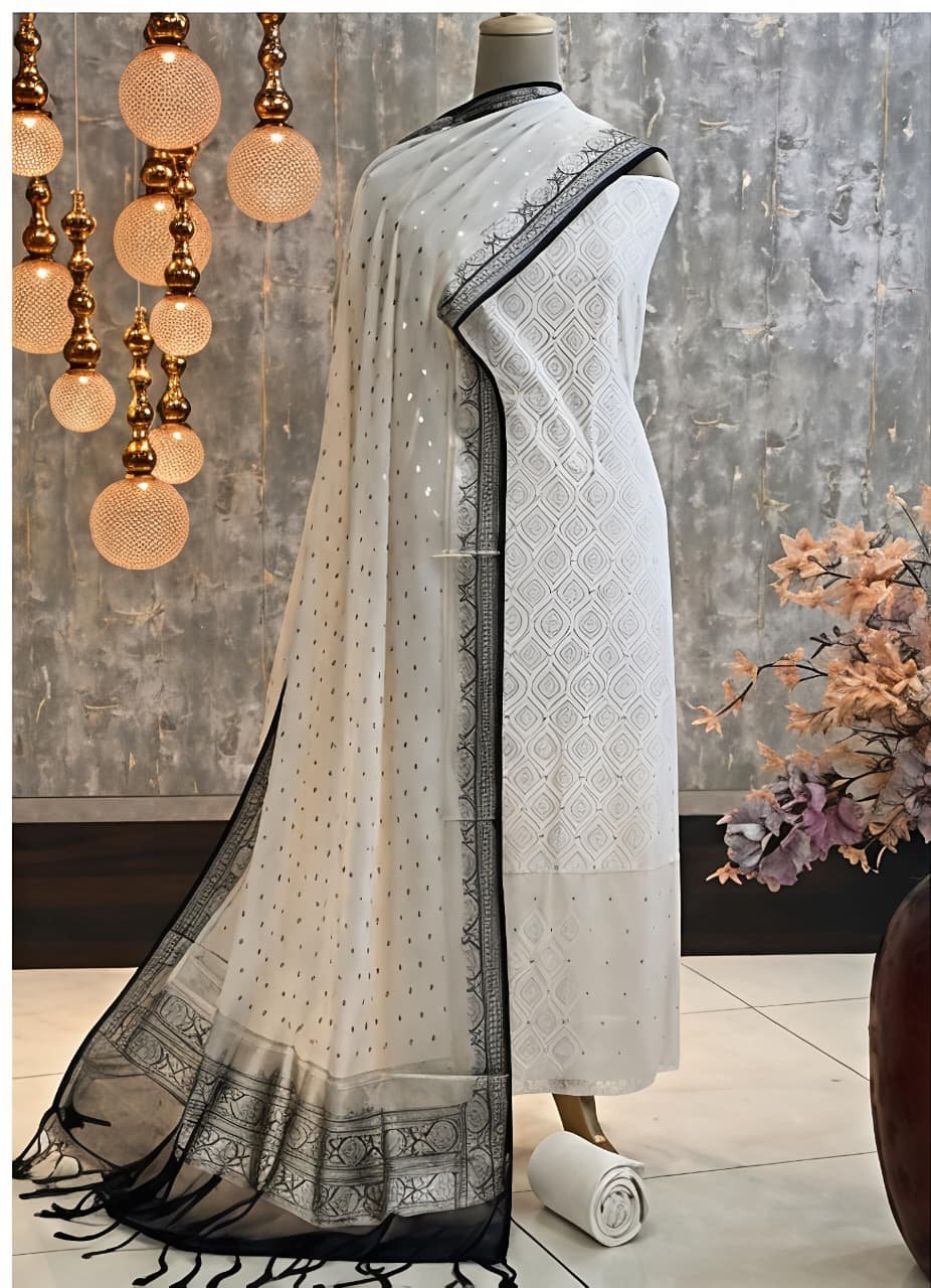 Premium Off-White Self-Design Cotton Suit Set with Navy Blue Banarasi Border Dupatta | Unstitched Dress Material