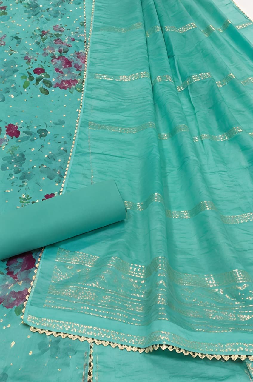 Sea Green Floral Printed & Embroidered Unstitched Suit Set view 1