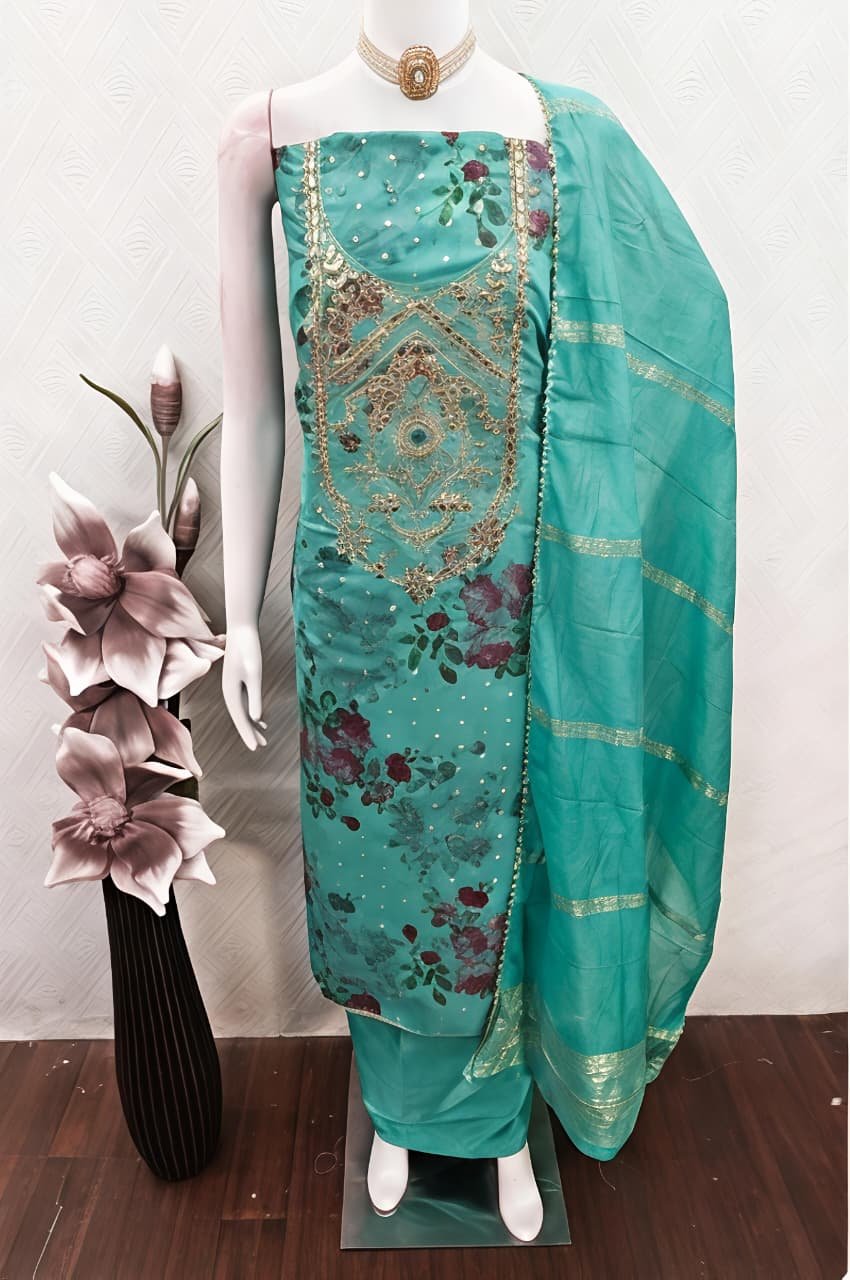 Sea Green Floral Printed & Embroidered Unstitched Suit Set view 2