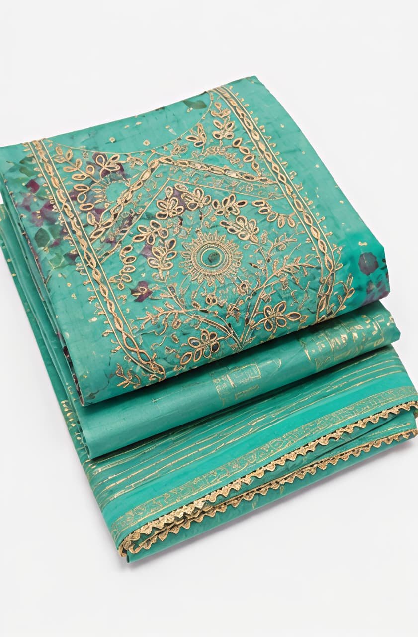 Sea Green Floral Printed & Embroidered Unstitched Suit Set view 3