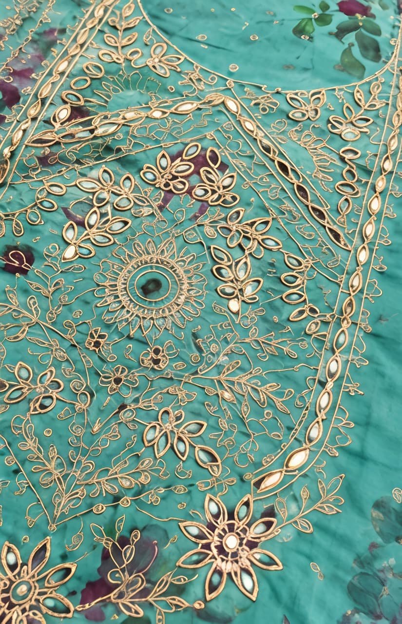 Sea Green Floral Printed & Embroidered Unstitched Suit Set view 4