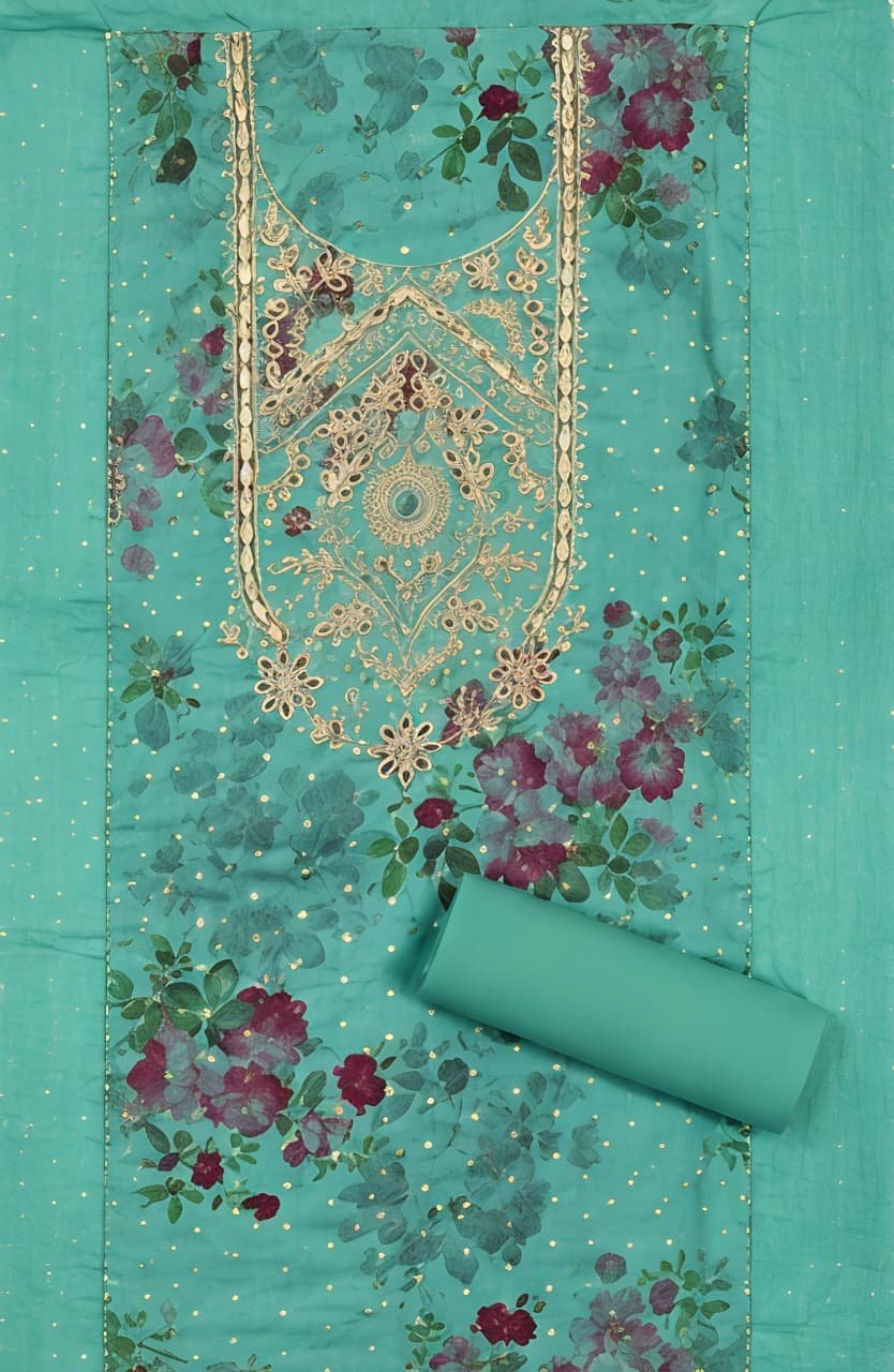 Sea Green Floral Printed & Embroidered Unstitched Suit Set view 5